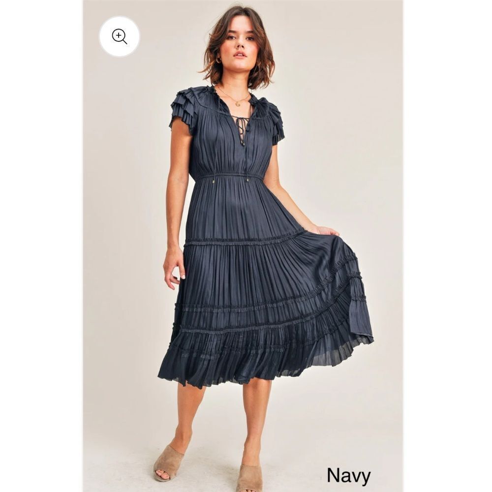 Reset By Jane Ruffle Dress Navy Blue Midi Small S
